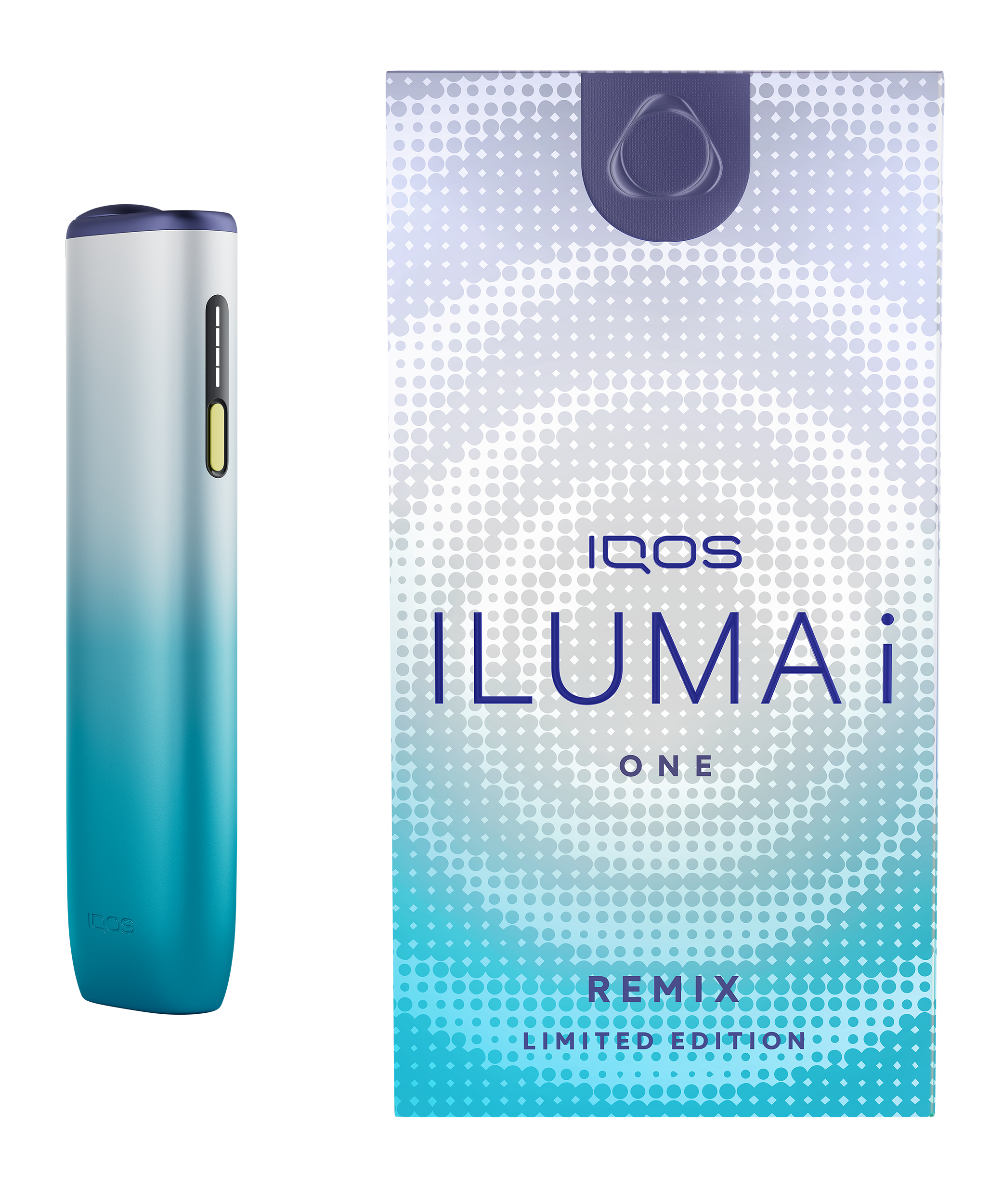 IQOS ILUMA i ONE Remix 是一款一體式電子煙，可連續使用 20 次。機身採用銀色到藍綠色的漸變設計，頂部飾以紫色，控制按鈕則以黃色點綴。
