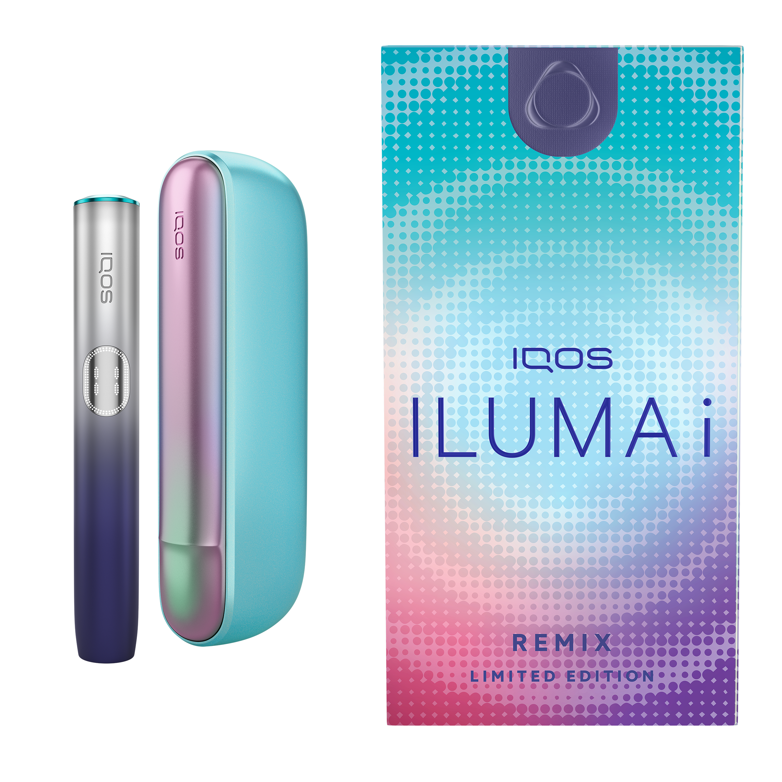 IQOS ILUMA i Remix 型號的霧化器門上採用了金屬漸層色設計，顏色從紫色過渡到綠色。隨著角度和光線的變化，外觀也會隨之改變。煙桿也採用了從銀色到海軍藍的漸層設計，突顯了色彩對比。